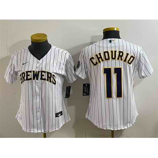 Women Milwaukee Brewers 11 Jackson Chourio White Cool Base Stitched Jersey Run Small