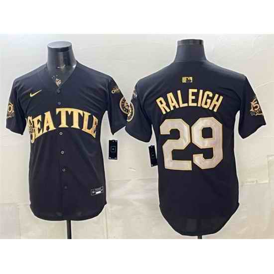 Men Seattle Mariners  29 Cal Raleigh Black Gold 50th Anniversary   AL West Division Champions Patch Vapor Limited Stitched Baseball Jersey