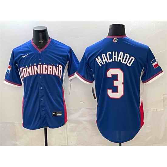 Men Dominican Republic Baseball  3 Manny Machado Royal 2026 World Baseball Classic Road Stadium Stitched Jersey