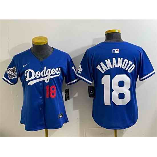 Women Los Angeles Dodgers 18 Yoshinobu Yamamoto Royal 2025 World Series Champions Patch Limited Stitched Baseball Jersey