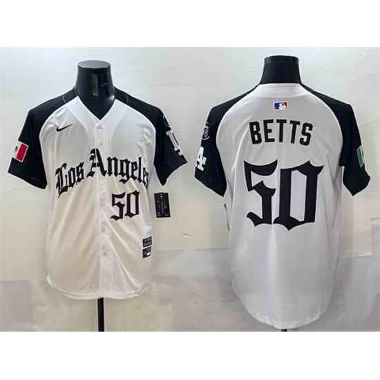Men Los Angeles Dodgers 50 Mookie Betts White Black Mexico 2025 LA Gothic Style With Fernando Patch Vapor Premier Limited Stitched Baseball Jersey