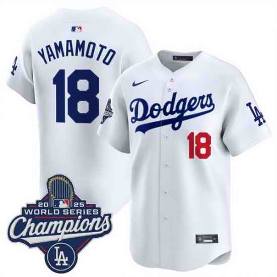 Men Los Angeles Dodgers 18 Yoshinobu Yamamoto White 2025 World Series Champions Patch Home Limited Stitched Baseball Jersey