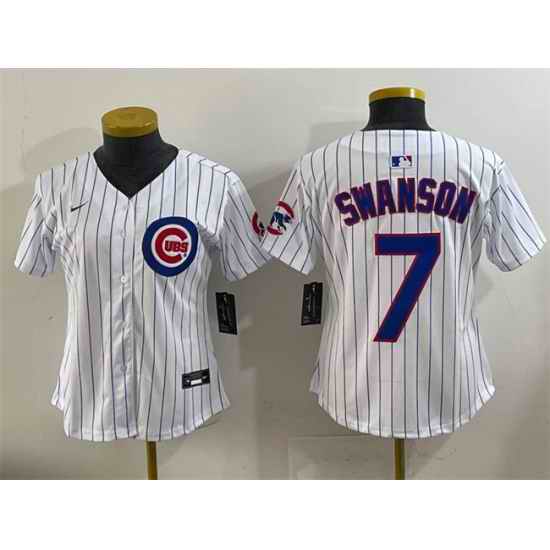 Women Chicago Cubs 7 Dansby Swanson White Cool Base Stitched Jersey