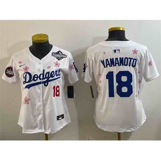 Women Los Angeles Dodgers 18 Yoshinobu Yamamoto White 2025 World Series Patch Tokyo Series Limited Stitched Baseball Jersey