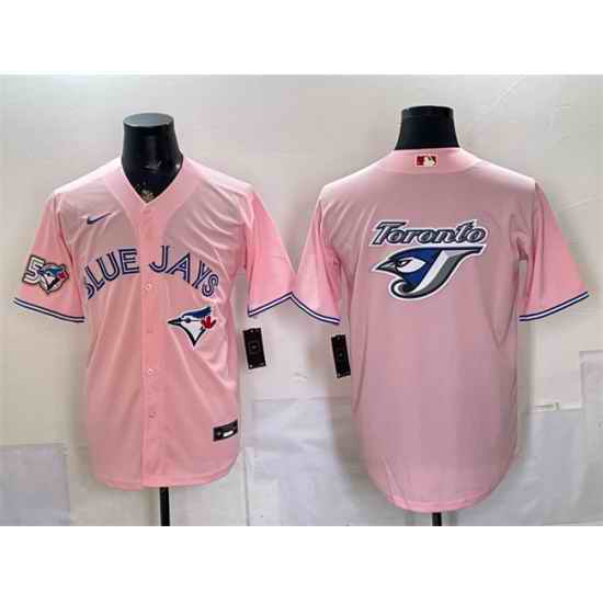 Men Toronto Blue Jays Team Big Logo Pink 50 Seasons Patch Stitched Baseball Jersey
