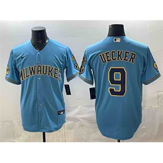 Men Milwaukee Brewers  9 Bob Uecker Blue With Home   Bob Uecker Patch Stitched Baseball Jersey