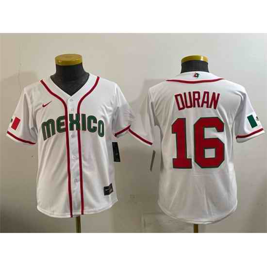 Youth Mexico Baseball  16 Jarren Duran White 2026 World Baseball Classic Home Stadium Stitched Baseball Jersey