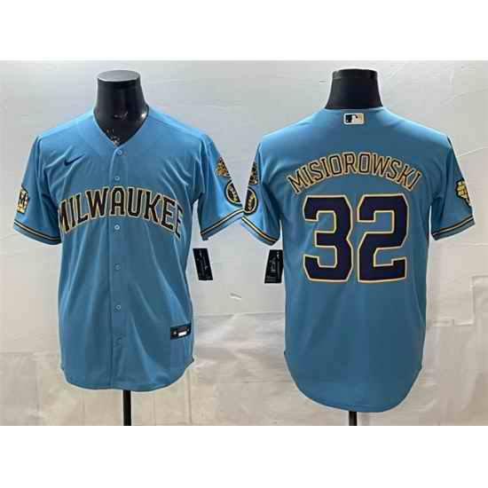 Men Milwaukee Brewers  32 Jacob Misiorowski Blue With Home   Bob Uecker Patch Stitched Baseball Jersey