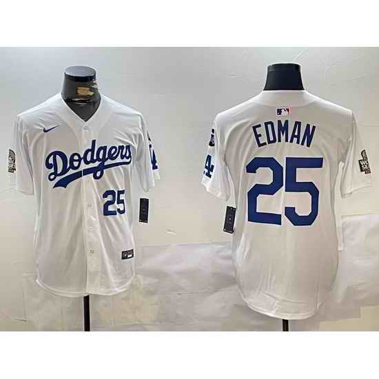 Men Los Angeles Dodgers 25 Tommy Edman White 2024 World Series With Fernando Memorial Patch Home Limited Stitched Baseball Jersey 2