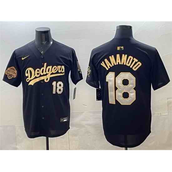 Men Los Angeles Dodgers 18 Yoshinobu Yamamoto Black Gold 2025 Back to Back Champions Patch Limited Stitched ebjerseys com Baseball Jersey