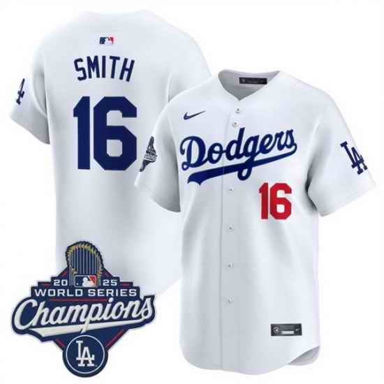 Men Los Angeles Dodgers 16 Will Smith White 2025 World Series Champions Patch Home Limited Stitched Baseball Jersey