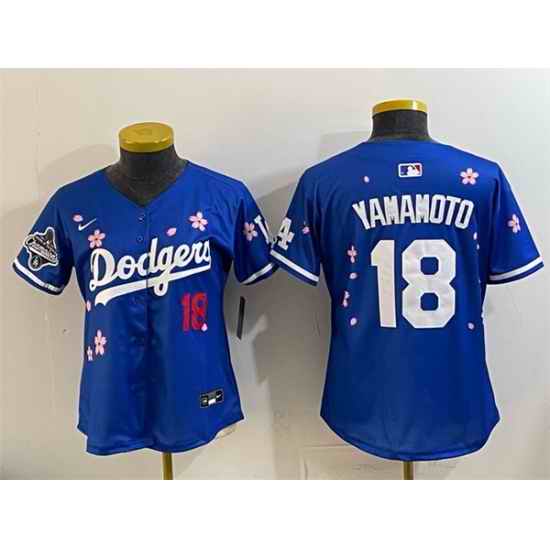 Women Los Angeles Dodgers 18 Yoshinobu Yamamoto Royal 2025 World Series Champions Patch Tokyo Series Limited Stitched Baseball Jersey