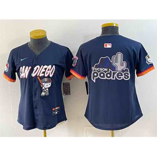 Women San Diego Padres X Hello Kitty Team Big Logo Obsidian 2026 City Connect Stadium Stitched Baseball Jersey Run Small 001
