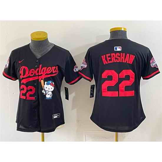 Women Los Angeles Dodgers  22 Clayton Kershaw Black Hello Kitty Night 2025 World Series Champions Patch Stitched Baseball Jersey