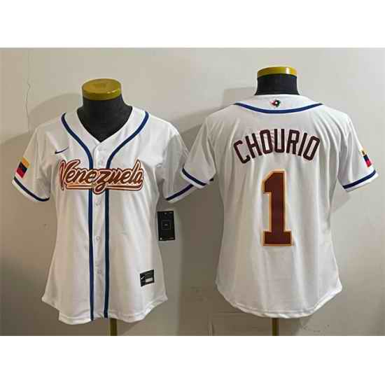 Women Venezuela Baseball  1 Jackson Chourio White 2026 World Baseball Classic Home Stadium Stitched Baseball Jersey Run Small