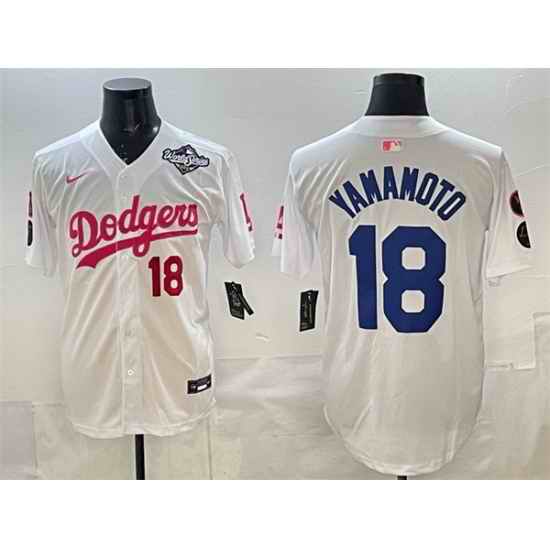 Men Los Angeles Dodgers 18 Yoshinobu Yamamoto White Pink 2025 World Series Vin  26 Kobe Patch Limited Stitched Baseball Jersey