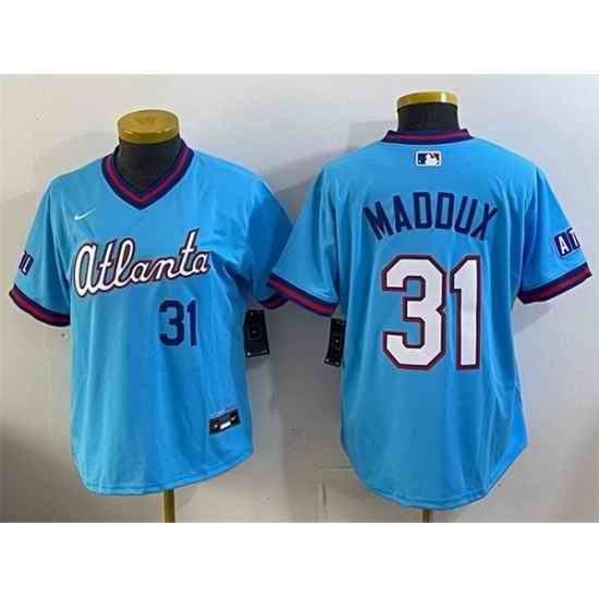 Women Atlanta Braves  31 Greg Maddux Powder Blue 2026 City Connect Stadium Stitched Baseball Jersey