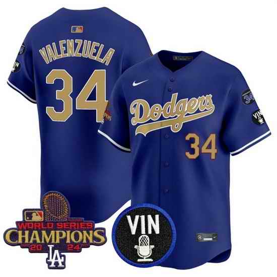 Men Los Angeles Dodgers 34 Fernando Valenzuela Royal Gold 2024 World Series Champions With Vin Scully  26 34 Fernando Patch Vapor Limited Stitched Baseball