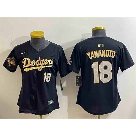 Youth Los Angeles Dodgers 18 Yoshinobu Yamamoto Black Gold 2025 World Series Champions Patch Limited Stitched Baseball Jersey
