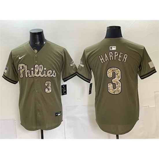 Men Philadelphia Phillies  3 Bryce Harper Olive 2026 Armed Forces Day Stitched Baseball Jersey