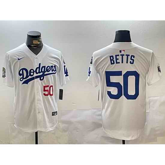Men Los Angeles Dodgers 50 Mookie Betts White 2024 World Series With Fernando Memorial Patch Home Limited Stitched Baseball Jersey 3