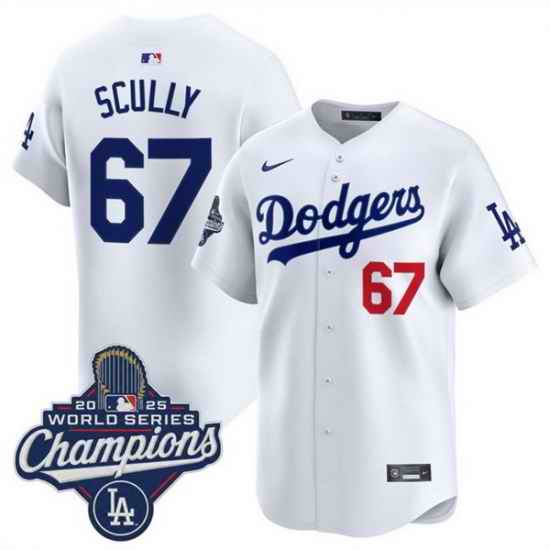 Men Los Angeles Dodgers 67 Vin Scully White 2025 World Series Champions Patch Home Limited Stitched Baseball Jersey