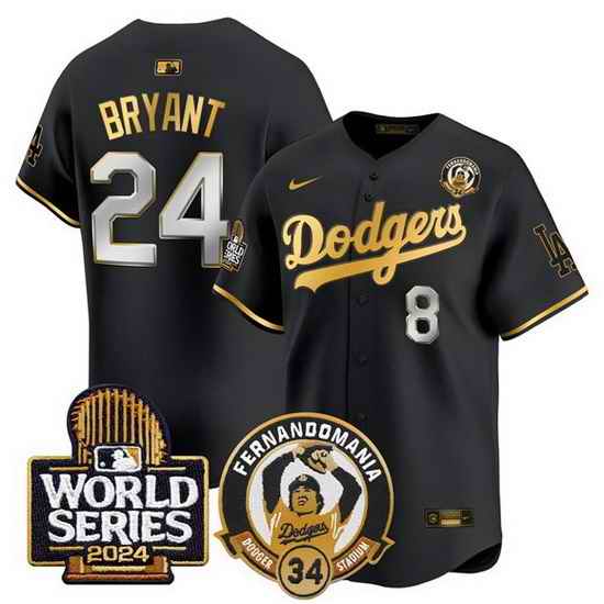 Men Los Angeles Dodgers Front  8 Back  24 Kobe Bryant Black Gold Fernando Valenzuela   2024 World Series Patch Limited Stitched Baseball Jersey