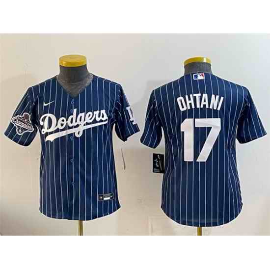 Youth Los Angeles Dodgers 17 Shohei Ohtani Navy Pinstripe 2025 World Series Champions Patch Cool Base Stitched Baseball Jersey