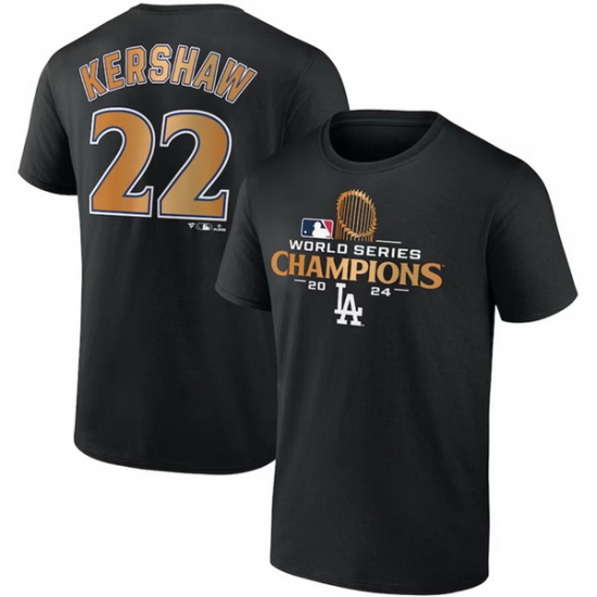 Men Los Angeles Dodgers 22 Clayton Kershaw Black 2024 World Series Champions Name  26 Number T Shirt