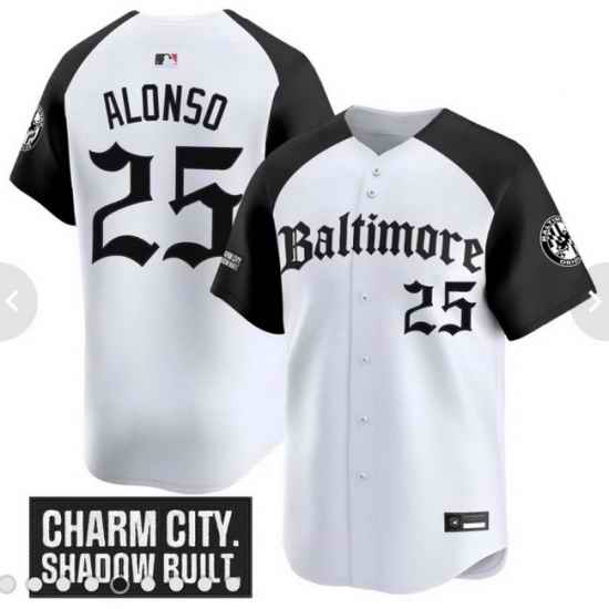 Men Nike Baltimore Orioles Pete Alonso #25 Charm City Shadow Built White Black Stitched Jersey