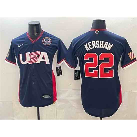 Men USA Baseball  22 Clayton Kershaw Navy 2026 World Baseball Classic United States 250th Anniversary Patch Road Stadium Stitched Jersey