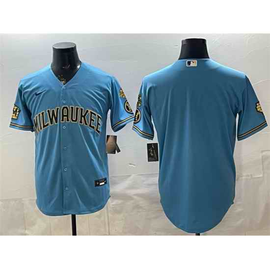 Men Milwaukee Brewers Blank Blue With Home   Bob Uecker Patch Stitched Baseball Jersey