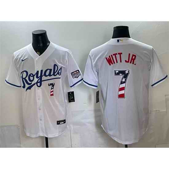 Men Kansas City Royals  7 Bobby Witt Jr  White 250 Fourth of July Stitched Baseball Jersey