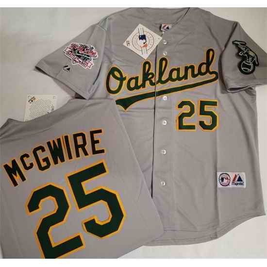 Men Oakland Athletics  25 Mark McGwire Grey With Green Elephant   1989 World Series Patch Battle of the Bay Stitched Baseball Jersey