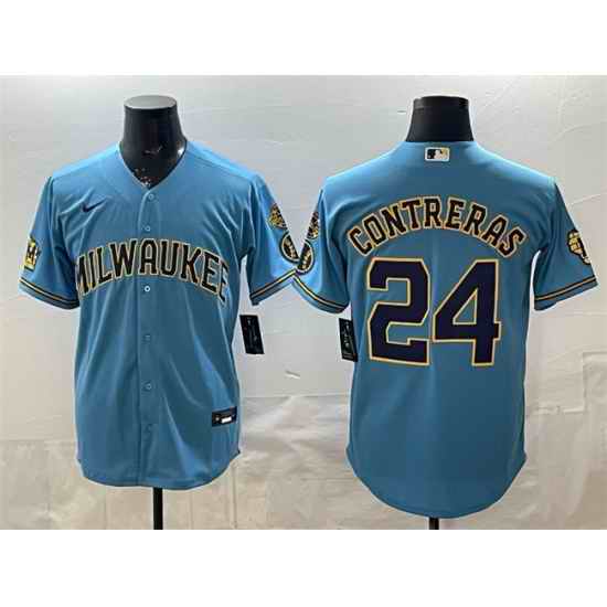 Men Milwaukee Brewers  24 William Contreras Blue With Home   Bob Uecker Patch Stitched Baseball Jersey