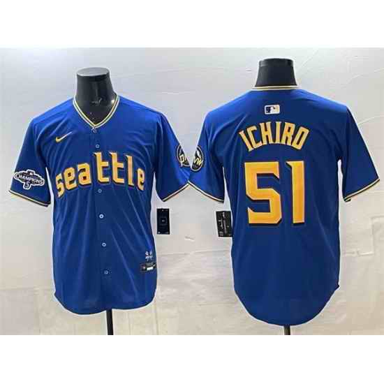 Men Seattle Mariners 51 Ichiro Suzuki Royal With 2025 AL West Division Champions Patch Limited Stitched jersey