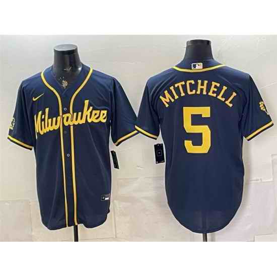 Men Milwaukee Brewers  5 Garrett Mitchell Navy 2025 With Patch Stitched Baseball Jersey