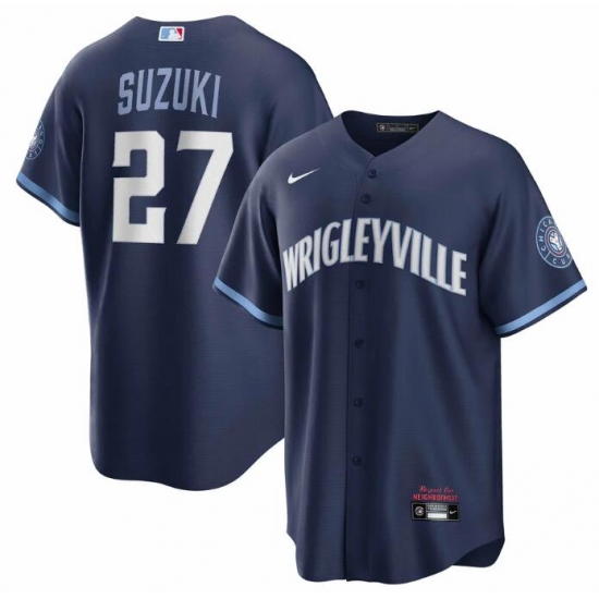 Men Chicago Cubs 27 Seiya Suzuki Navy City Connect Cool Base Stitched Baseball Jersey