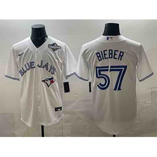 Men Toronto Blue Jays 57 Shane Bieber White 2025 World Series Home Cool Base Stitched Baseball Jersey