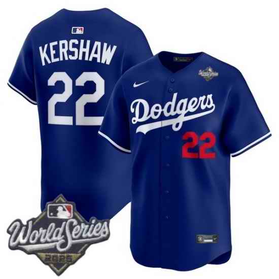 Men Los Angeles Dodgers 22 Clayton Kershaw 2025 World Series Cool Base Stitched Baseball Jersey Blue