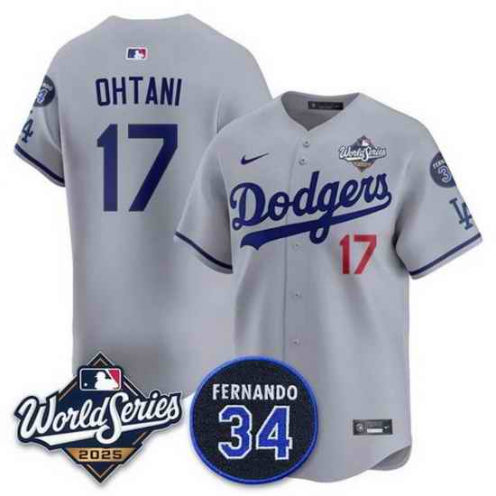 Men Los Angeles Dodgers 17 Shohei Ohtani Grey 2025 World Series With No 34 Patch Limited Stitched Baseball Jersey