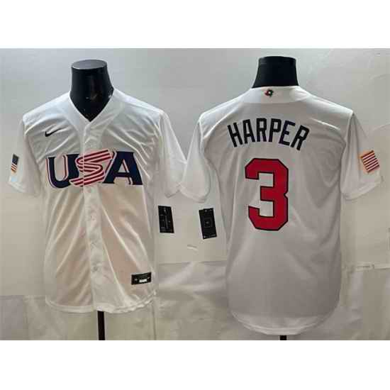Men USA Baseball 3 Bryce Harper White World Baseball Classic Stitched Jersey