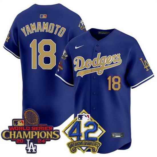 Men Los Angeles Dodgers 18 Yoshinobu Yamamoto Royal Gold 2024 World Series Champions  26 42 Jackie Robinson Patch Vapor Limited Stitched Baseball Jersey