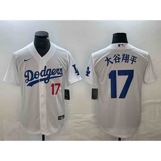 Men Los Angeles Dodgers 17  Shohei Ohtani White With Patch Cool Base Stitched Baseball Jersey