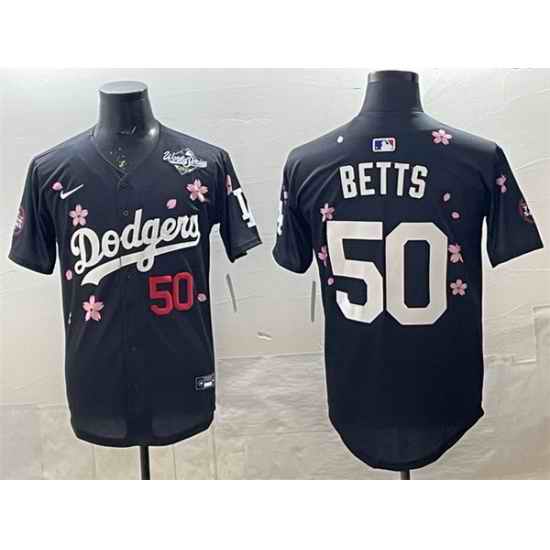 Men Los Angeles Dodgers 50 Mookie Betts Black 2025 World Series Patch Tokyo Series Limited Stitched Baseball Jersey