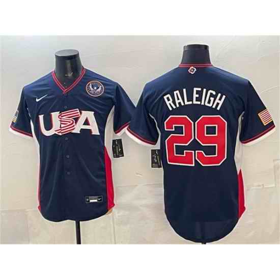 Men USA Baseball  29 Cal Raleigh Navy 2026 World Baseball Classic United States 250th Anniversary Patch Road Stadium Stitched Jersey