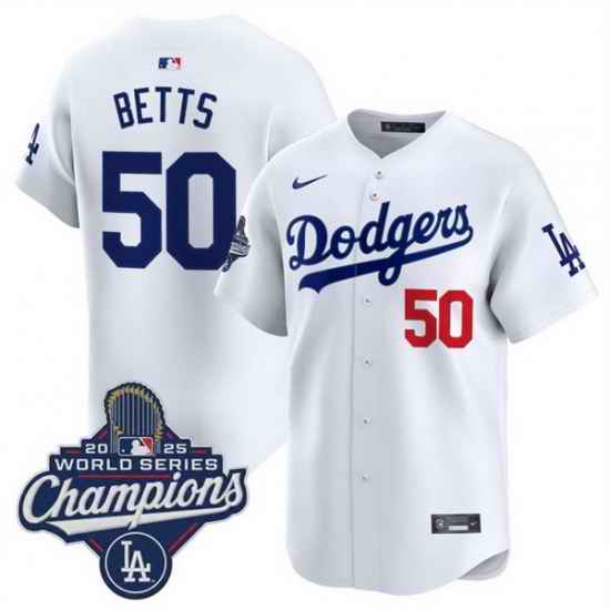 Men Los Angeles Dodgers 50 Mookie Betts White 2025 World Series Champions Patch Home Limited Stitched Baseball Jersey