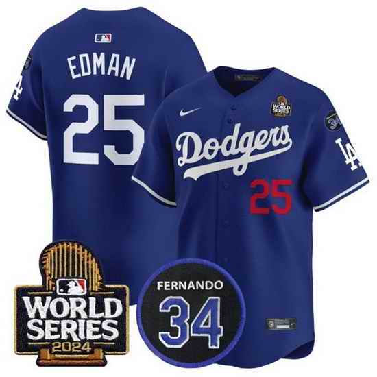 Men Los Angeles Dodgers 25 Tommy Edman Royal 2024 World Series With Fernando Memorial Patch Alternate Limited Stitched Baseball Jersey