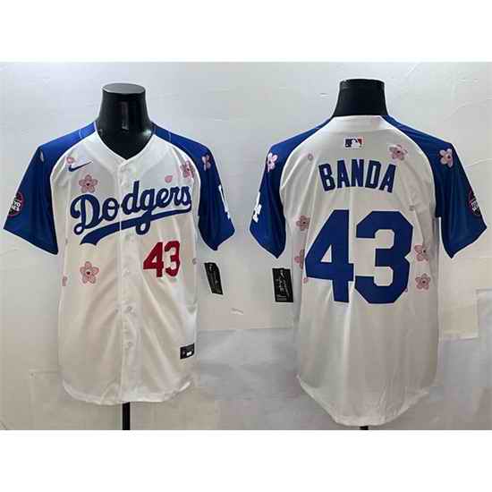 Men Los Angeles Dodgers 43 Anthony Banda White Royal 2025 Tokyo Series Limited Stitched Baseball Jersey