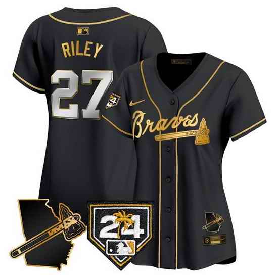 Women Atlanta Braves 27 Austin Riley Black Gold 2024 Spring Training  26 Georgia Patch Vapor Limited Stitched Baseball Jersey